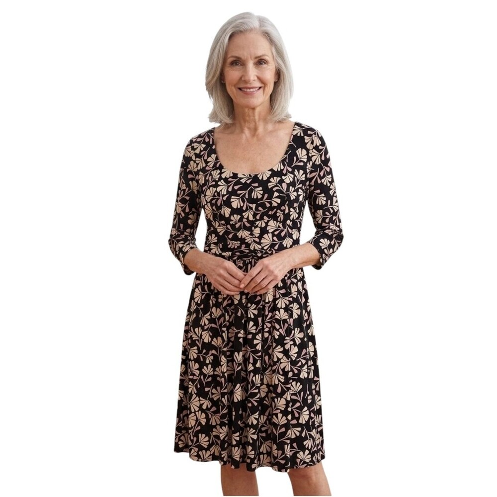 Maggy London Black with Pink and Cream Floral Print 3/4 Sleeve Dress